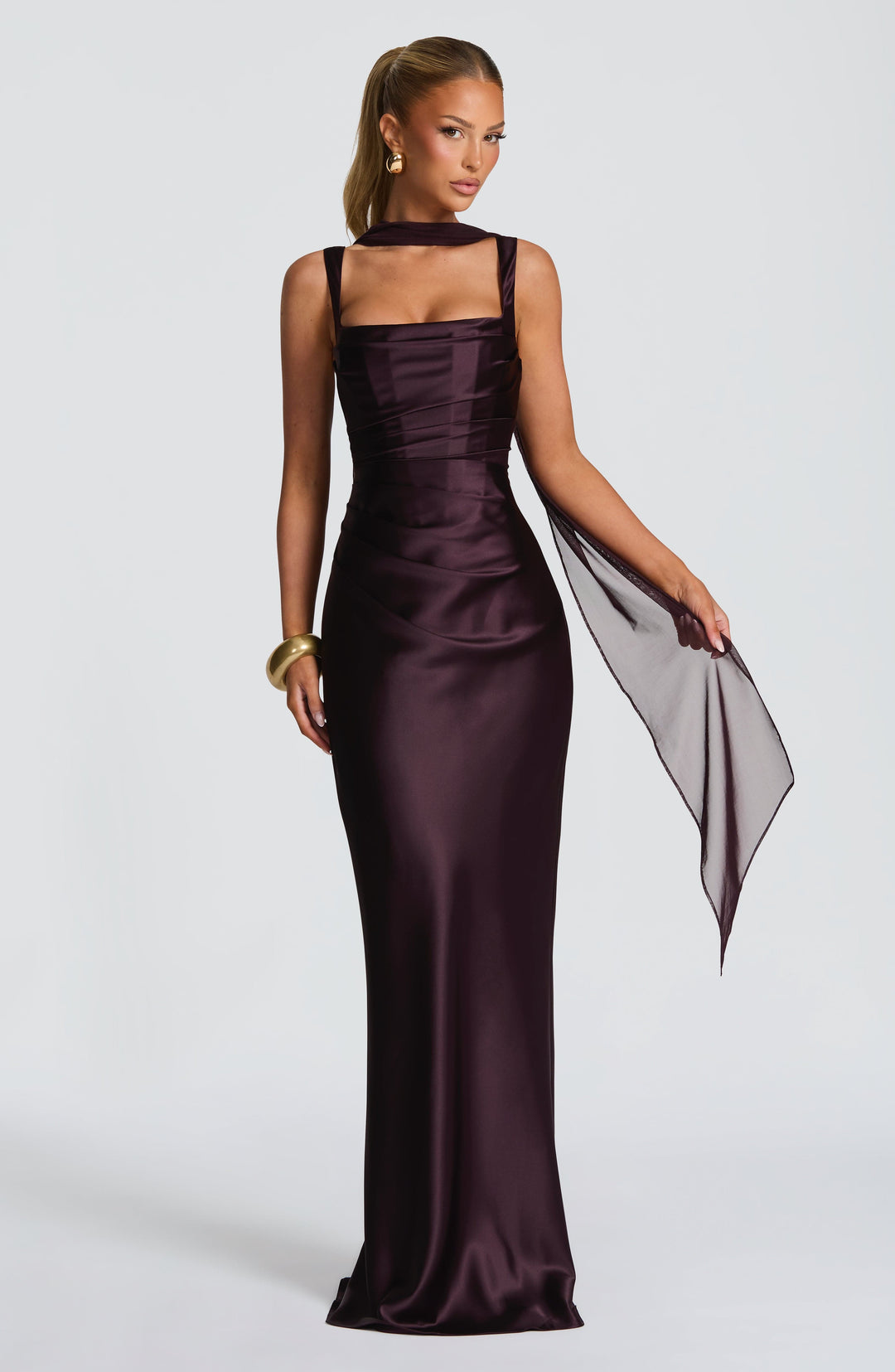 Women plum backless lace-up maxi dress front view with square neckline and sheer scarf draped