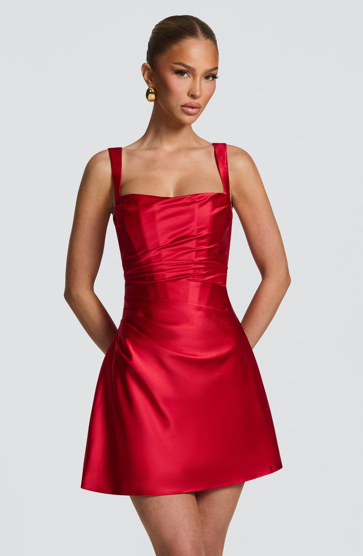 Women red mini dress with square neckline and ruched front detail, front view