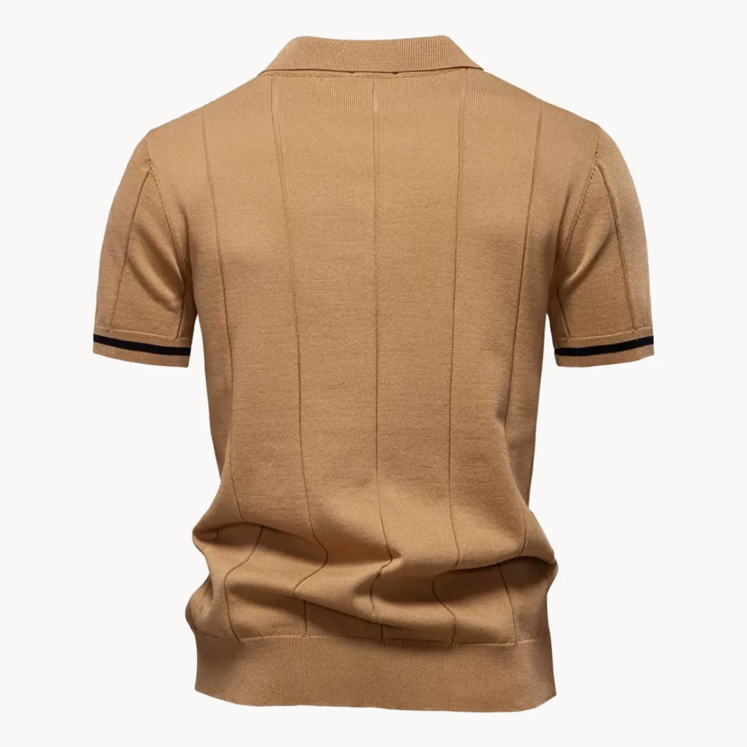 Back view of camel short sleeve knit polo with ribbed collar