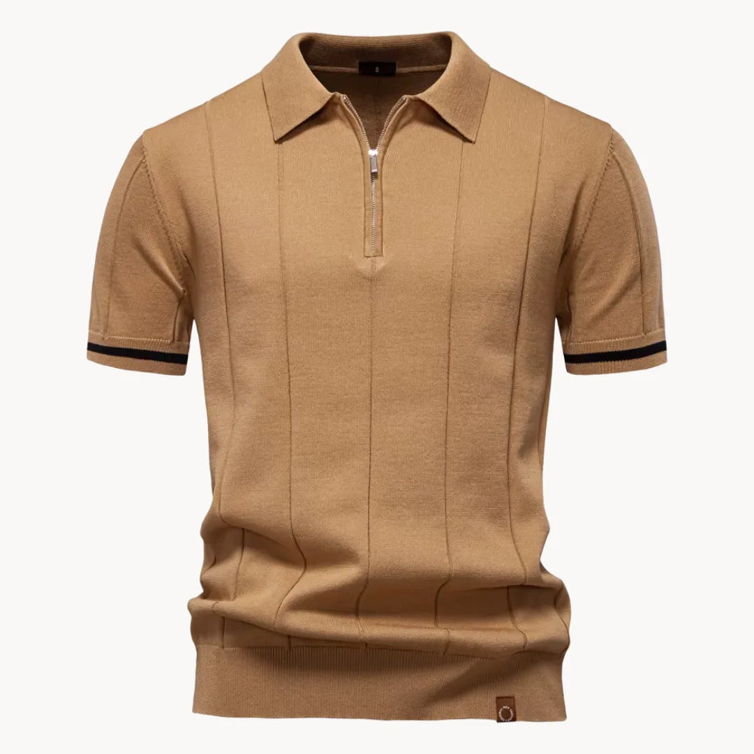 Camel knit polo shirt with quarter zip and black sleeve stripes front view