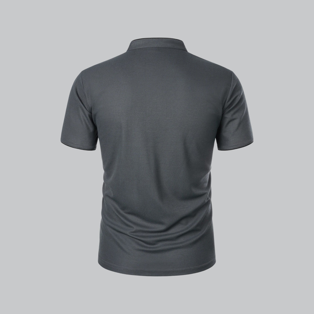 Back view of charcoal gray collarless polo shirt