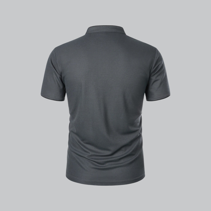 Back view of charcoal gray collarless polo shirt