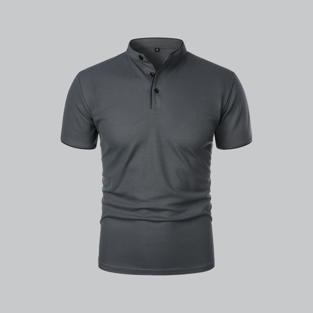 Charcoal gray short sleeve collarless polo shirt front view