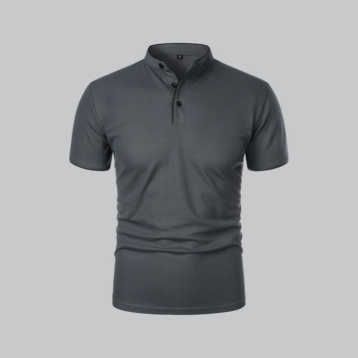Charcoal gray short sleeve collarless polo shirt front view