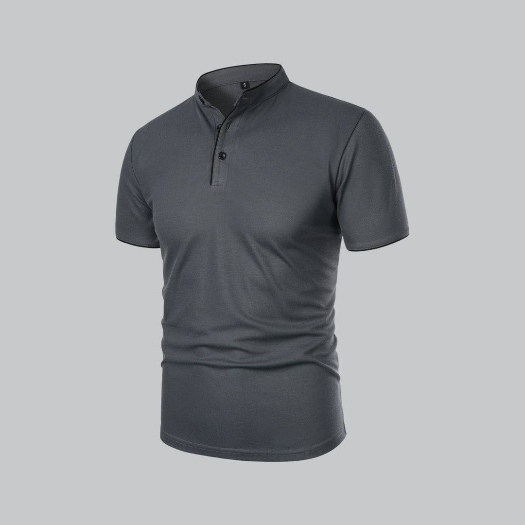 Charcoal gray short sleeve collarless polo side angle view