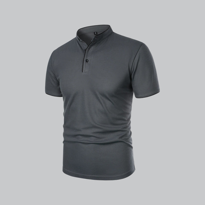 Charcoal gray short sleeve collarless polo side angle view
