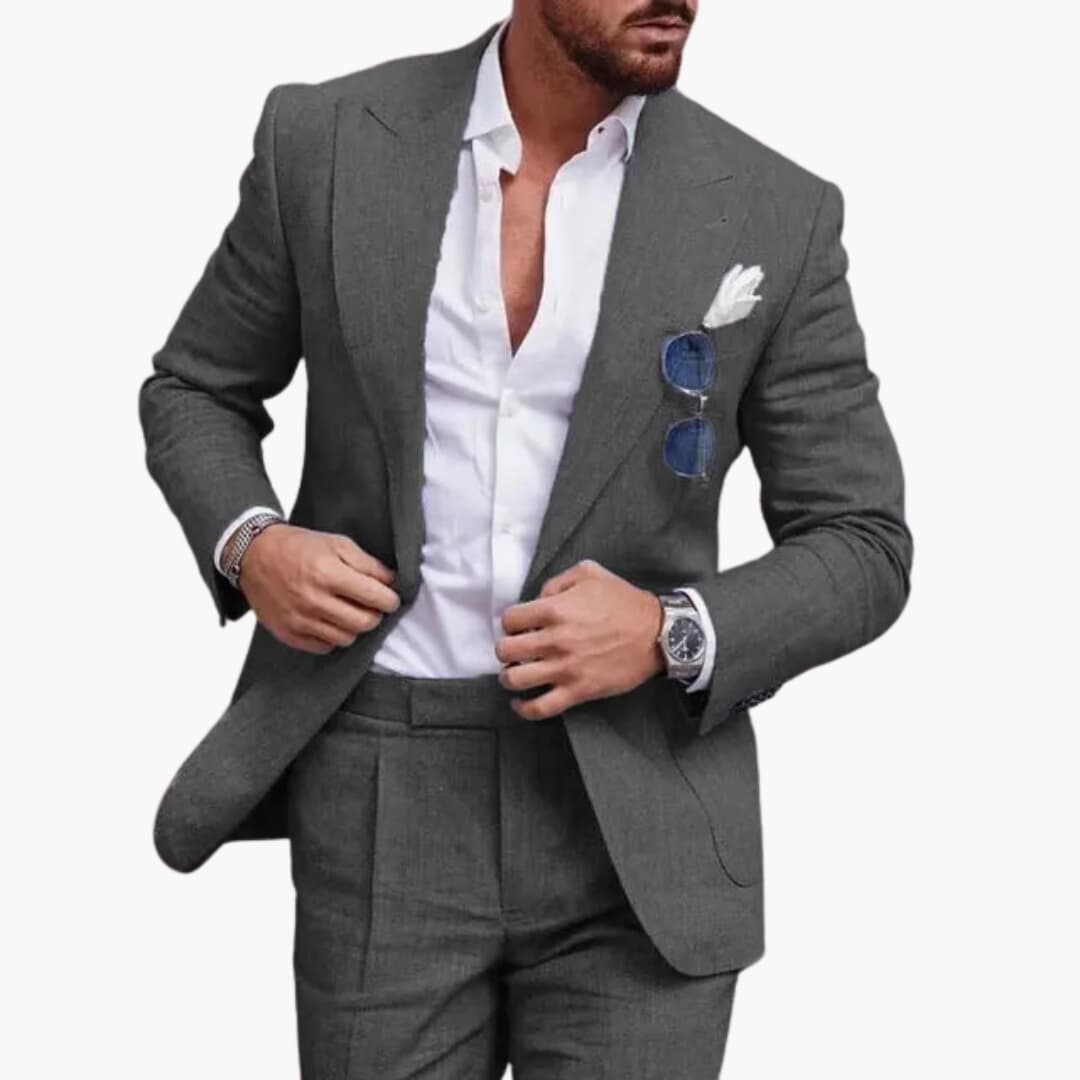 Charcoal gray semi-formal two-piece suit with notch lapel blazer front