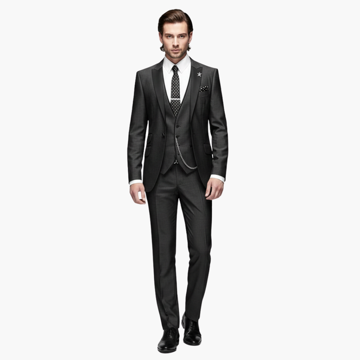 Charcoal gray notch lapel blazer with matching vest and trousers for formal events