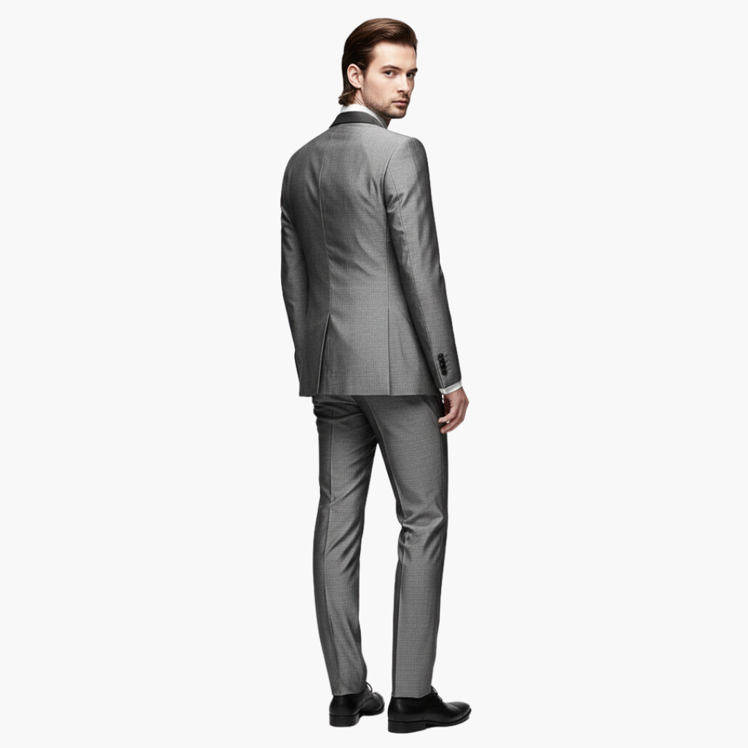 Back view of charcoal gray suit jacket with notch lapels and tailored fit