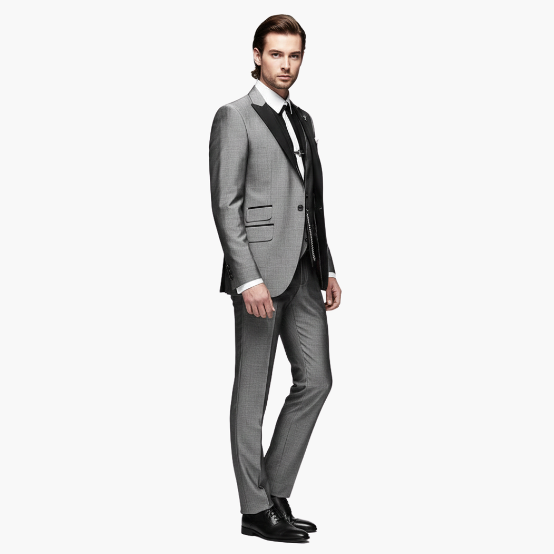Charcoal gray three-piece suit side profile showing notch lapel blazer and vest