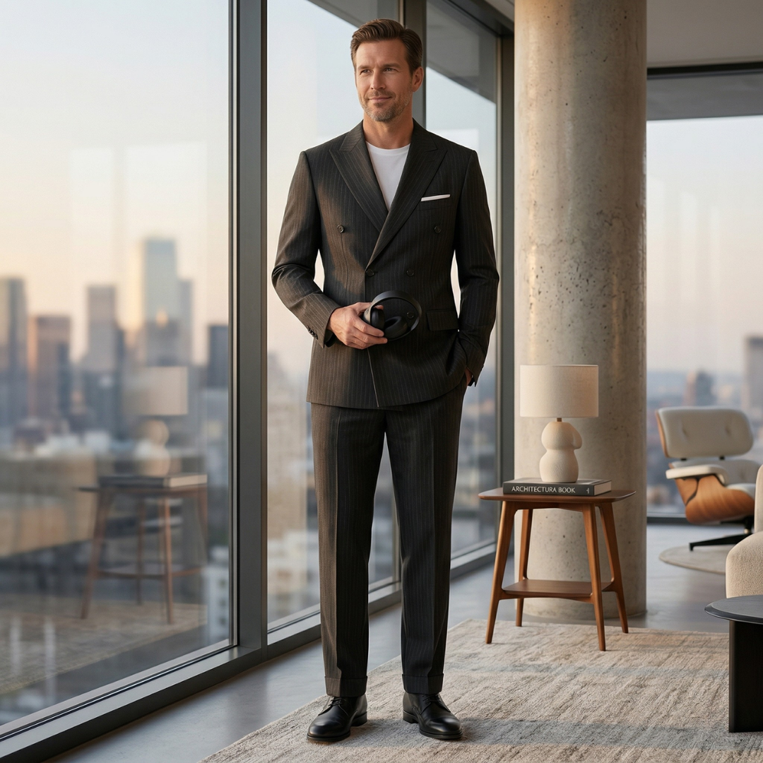 Charcoal pinstriped double-breasted blazer suit worn in modern office setting