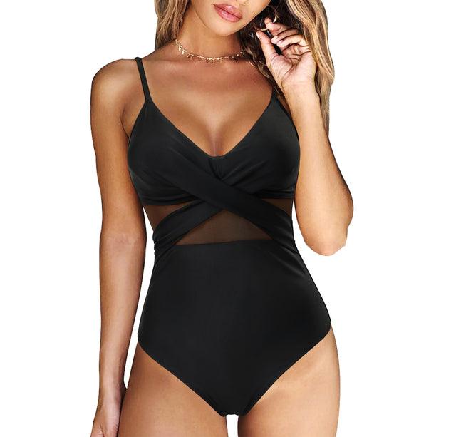 Women black V neck one piece swimsuit with visible mesh cut-outs at the waist