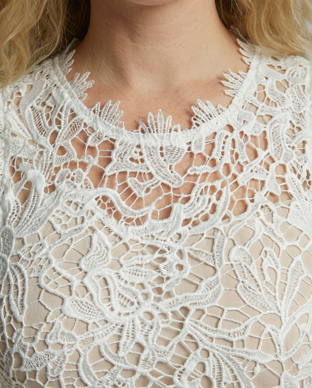 Close up of the intricate white floral lace pattern on the dress neckline and bodice.