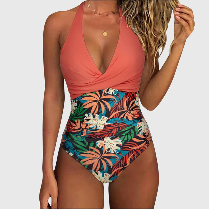 Coral v-neck one-piece swimsuit with multicolor tropical floral print