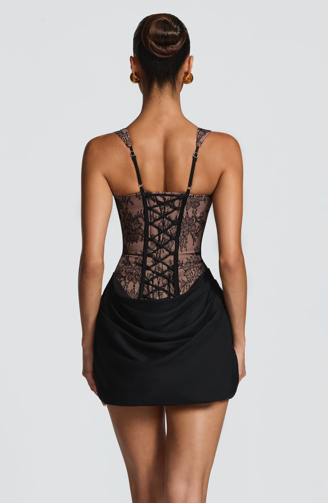 Women black and nude lace corset mini dress with lace-up back closure
