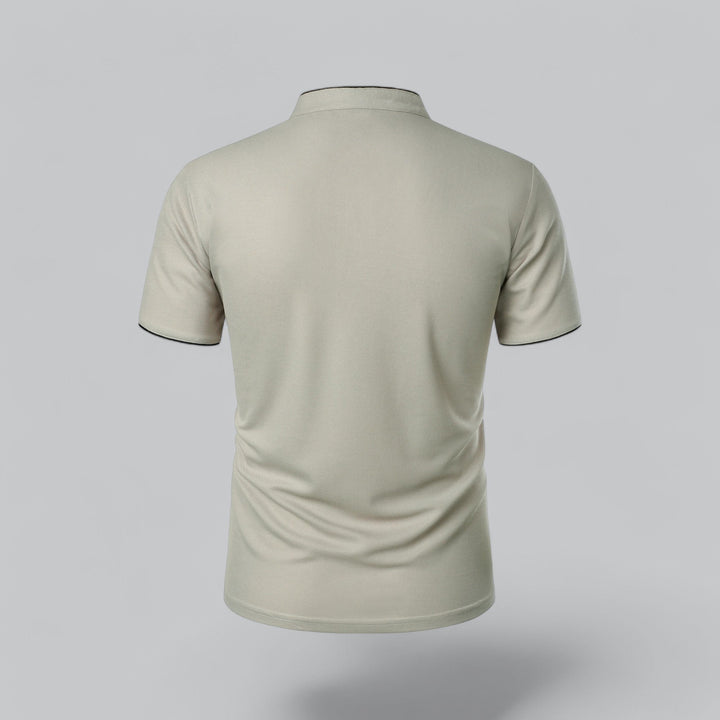 Back view of cream collarless polo shirt with short sleeves