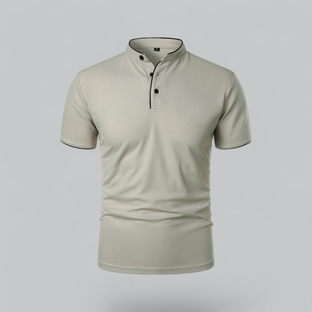 Cream short sleeve collarless polo shirt front view