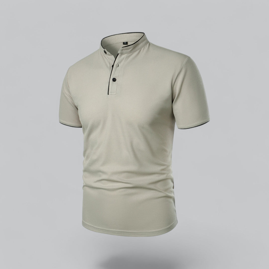 Cream short sleeve collarless polo with button placket side view