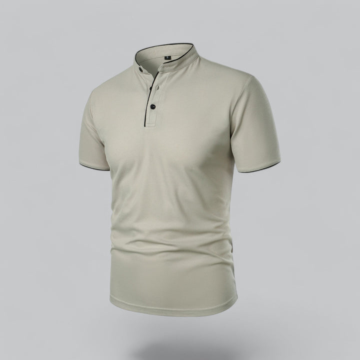 Cream short sleeve collarless polo with button placket side view