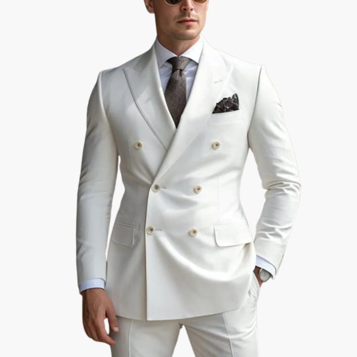 Cream double-breasted formal suit with peak lapel and sunglasses