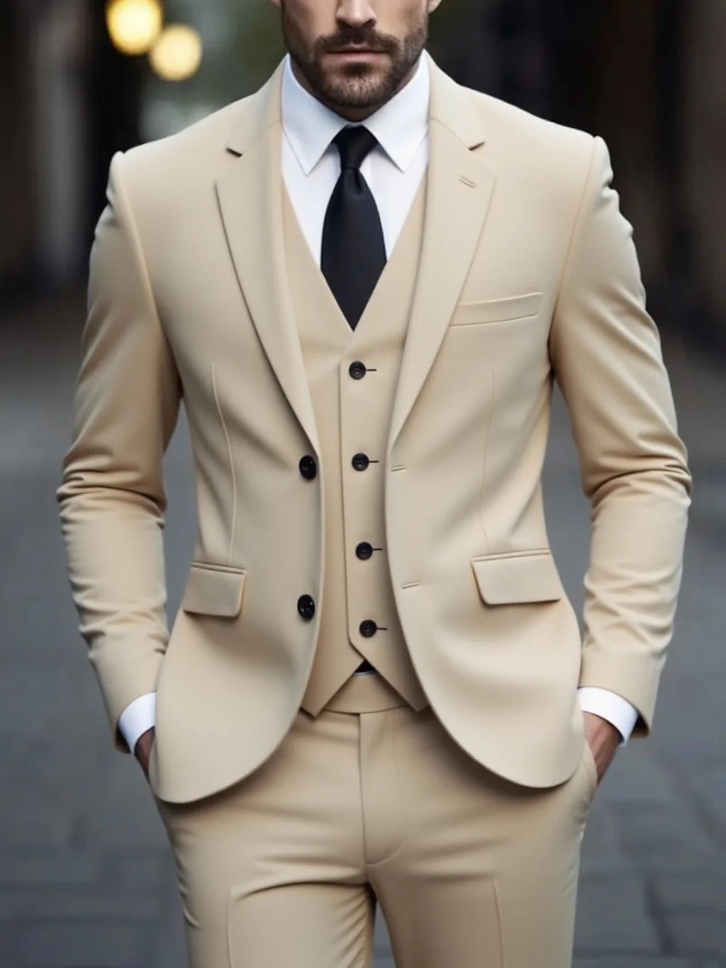 Cream double-breasted three-piece formal suit with vest and black buttons