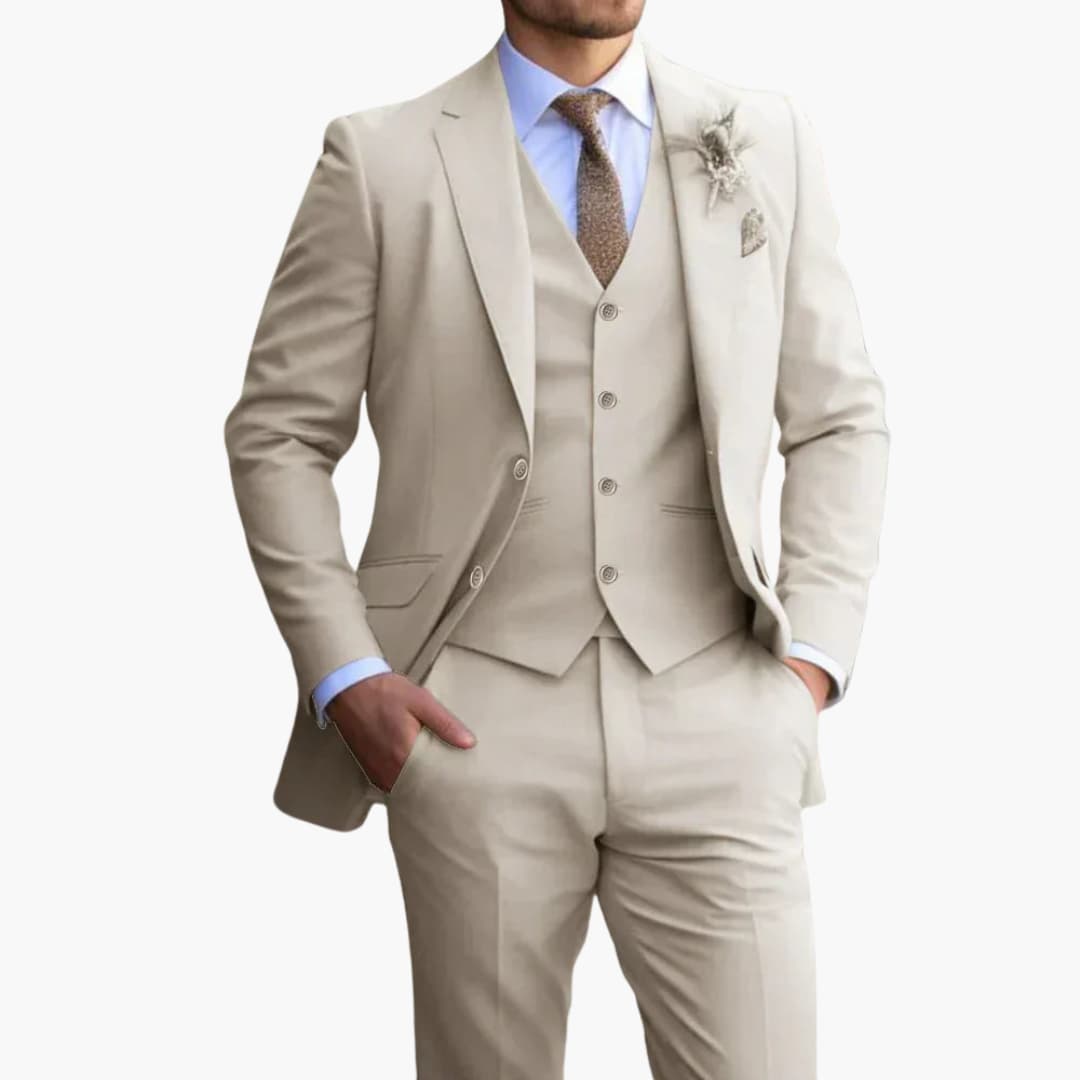 Cream formal suit pants and jacket back view showing tailored fit and button details