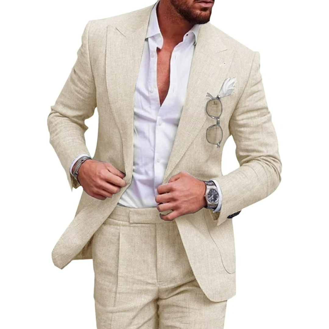 Cream lightweight wedding suit with two-button closure and tailored trousers, three-quarter view