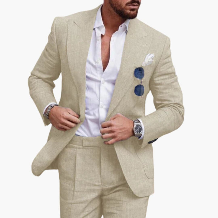 Cream ivory tailored blazer and trousers two-piece suit front