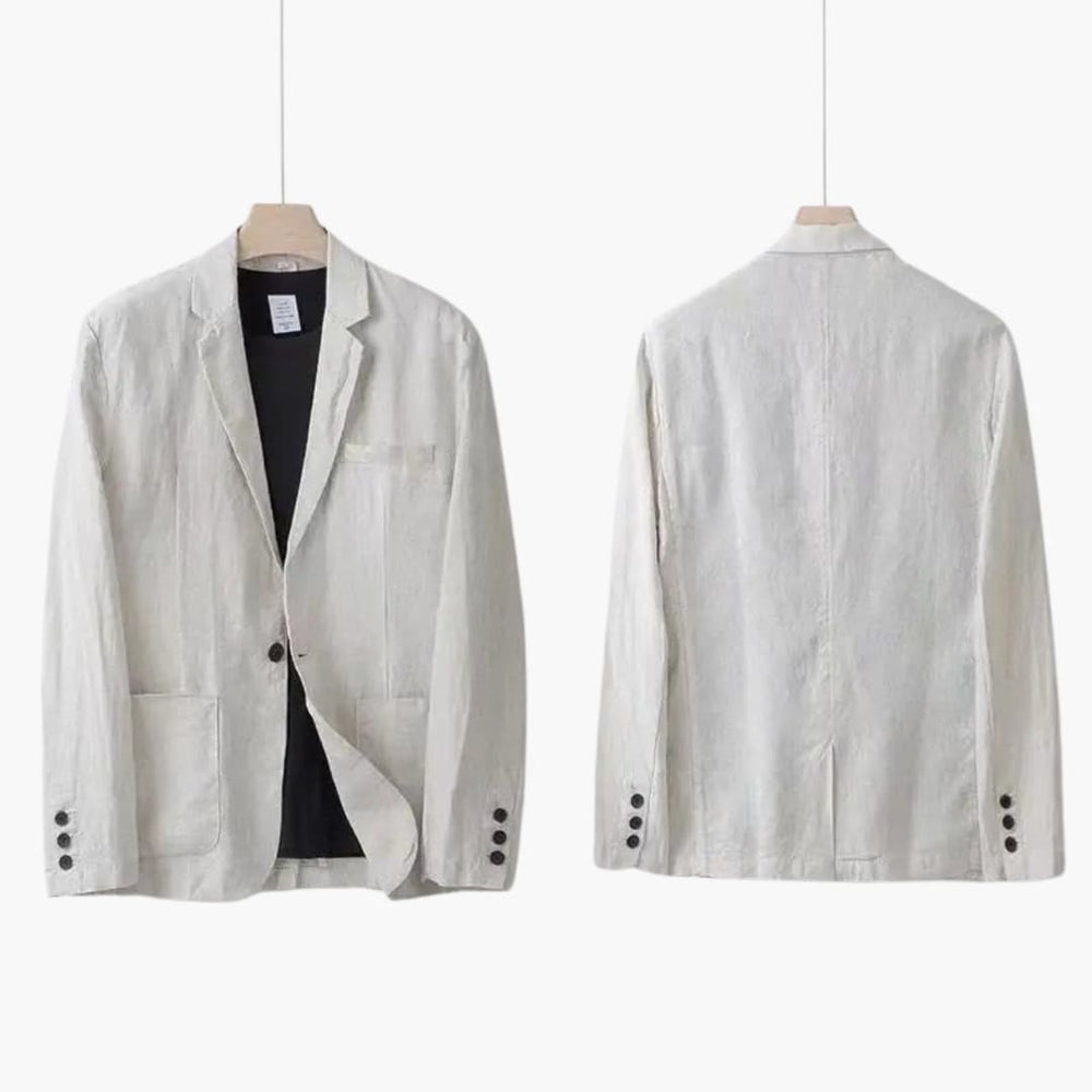 Cream linen blazer front and back with notch lapel and button details