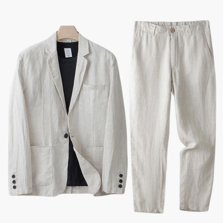 Cream linen blazer with notch lapel and straight linen pants displayed flat