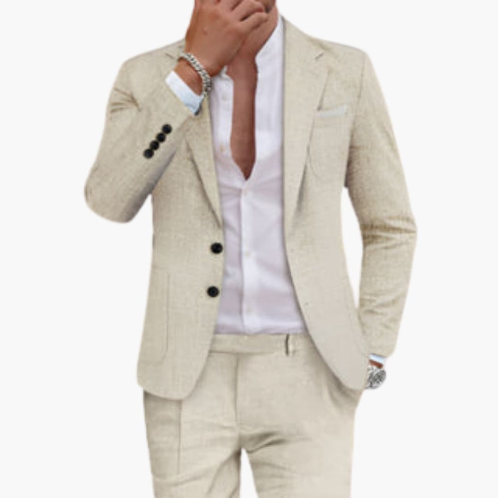 Cream linen suit with single-breasted blazer and flat-front tailored pants front view