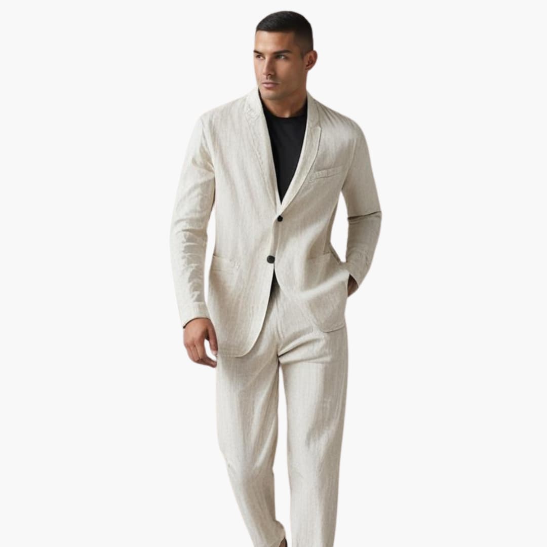Man in cream linen suit showing side profile of notch lapel blazer fit