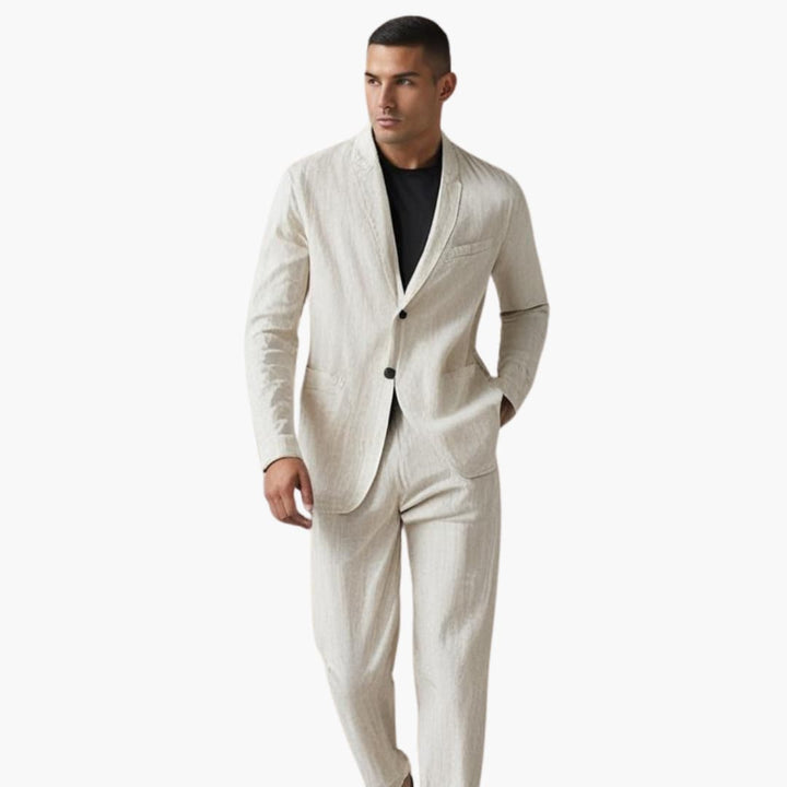 Man in cream linen suit showing side profile of notch lapel blazer fit
