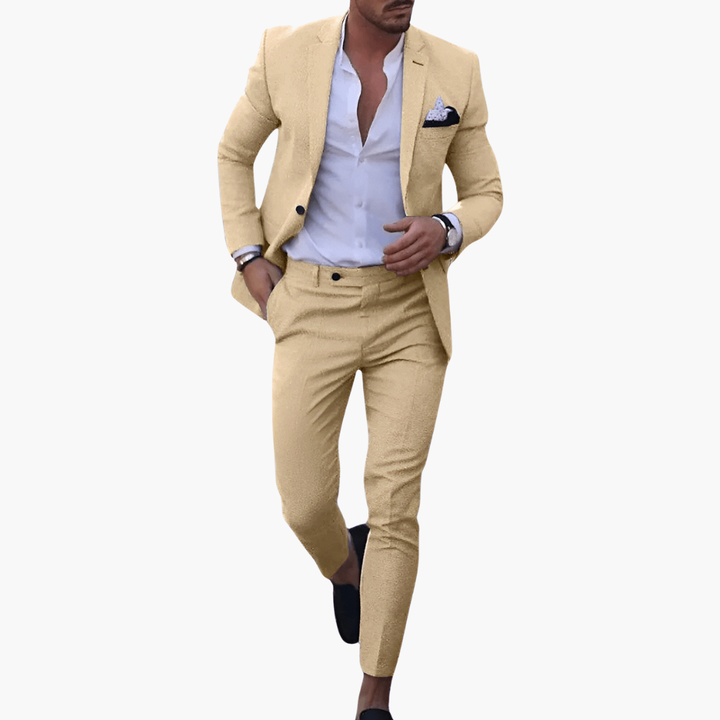 Cream tan single-breasted suit with notched lapels and white shirt