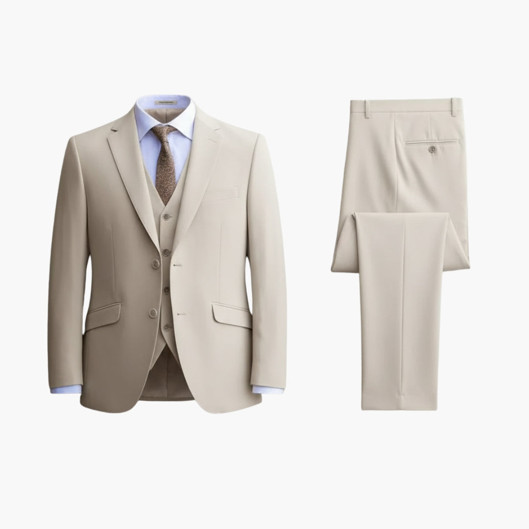 Cream three-piece formal suit with notched lapel jacket and matching vest displayed on mannequin