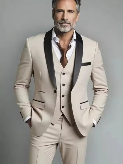 Cream three piece formal suit with black shawl vest tailored fit front