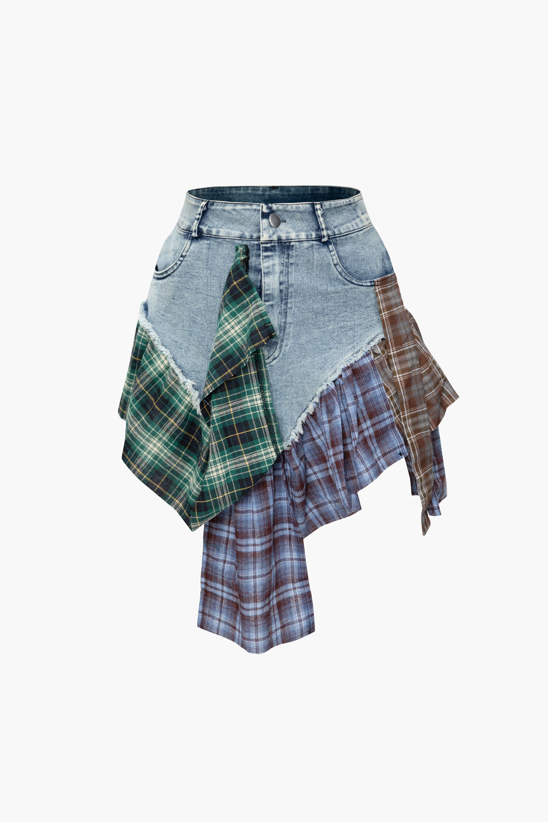 Women's light blue denim mini skirt with green, brown, and blue plaid patchwork panels viewed from the front.