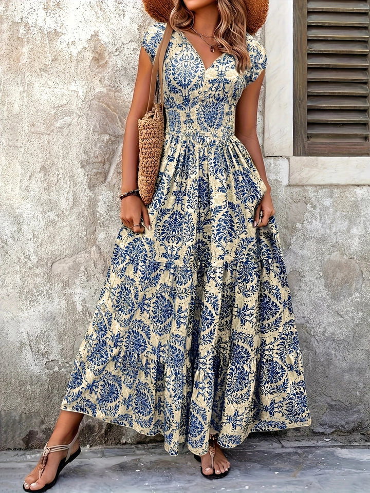 Women's Spring V-Neck Paisley Print Ruffle Hem Maxi Sundress