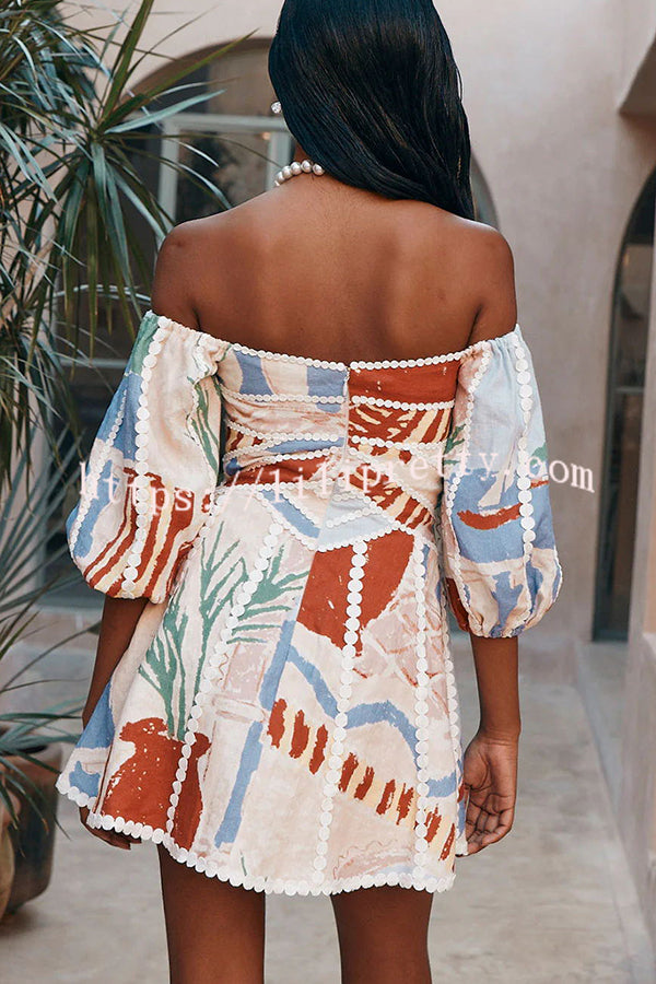 Women colorful printed off-shoulder mini dress back view showing zipper and elastic sleeves