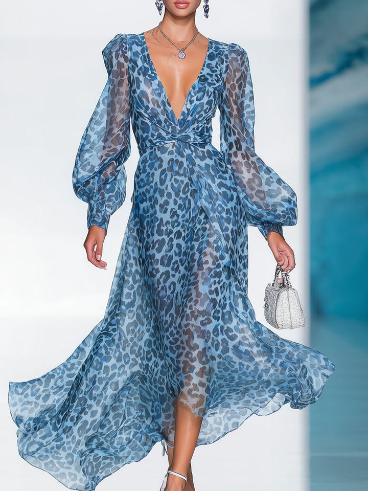 Women's blue leopard print maxi dress with V-neck and long sheer balloon sleeves, front view