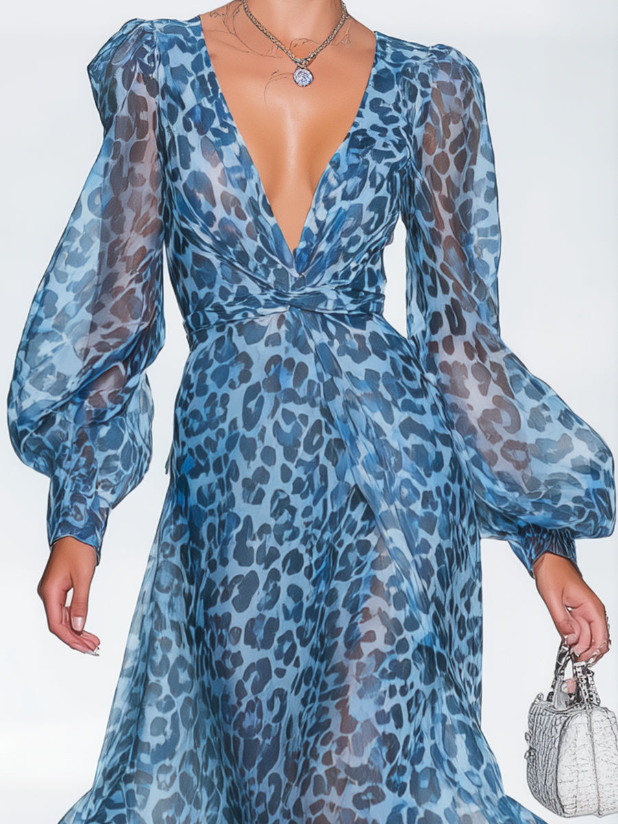 Close-up of women's blue leopard print maxi dress showing V-neckline and balloon sleeves