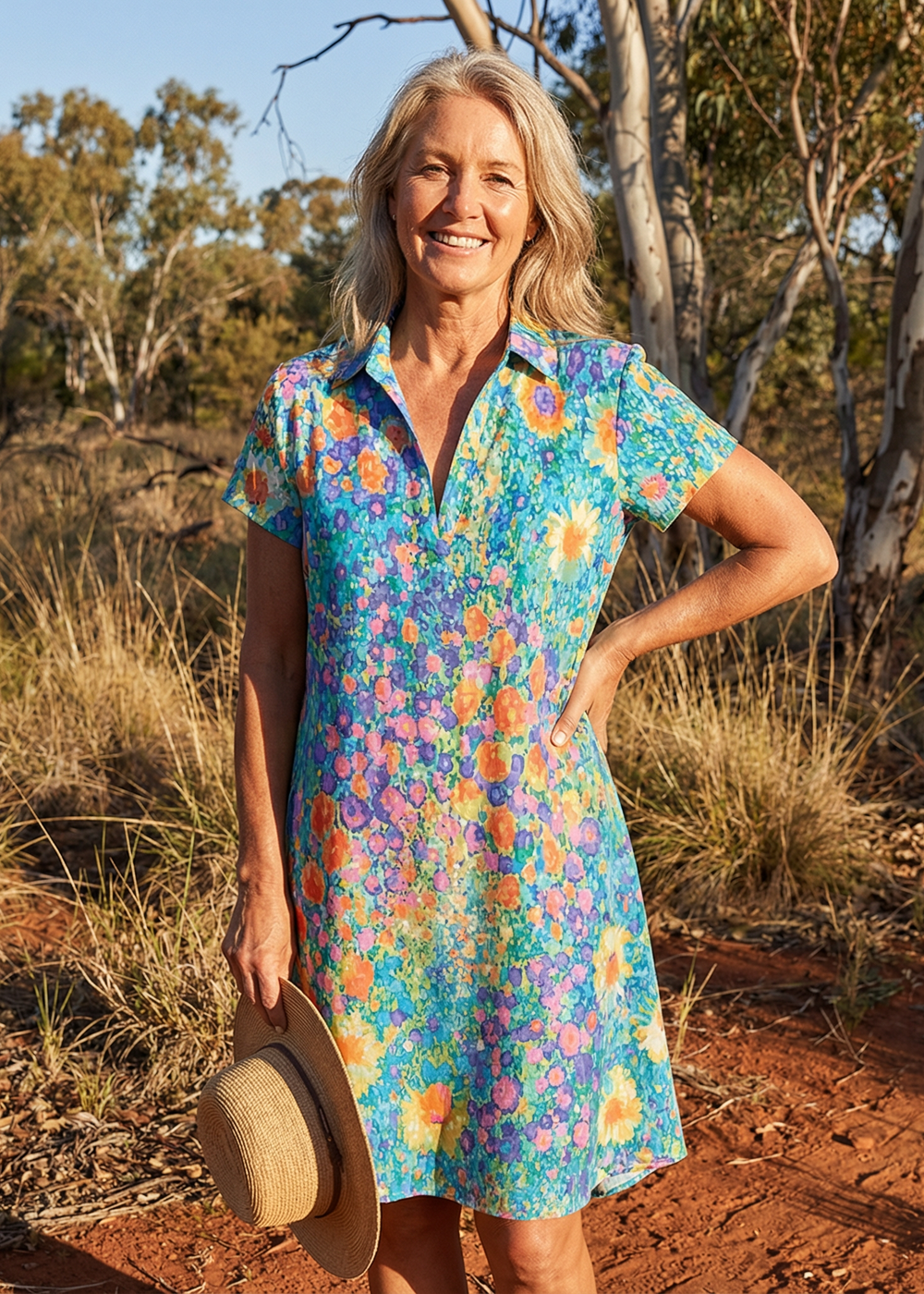 Women's multi-color floral short sleeve mini dress, front view with plain outdoor background