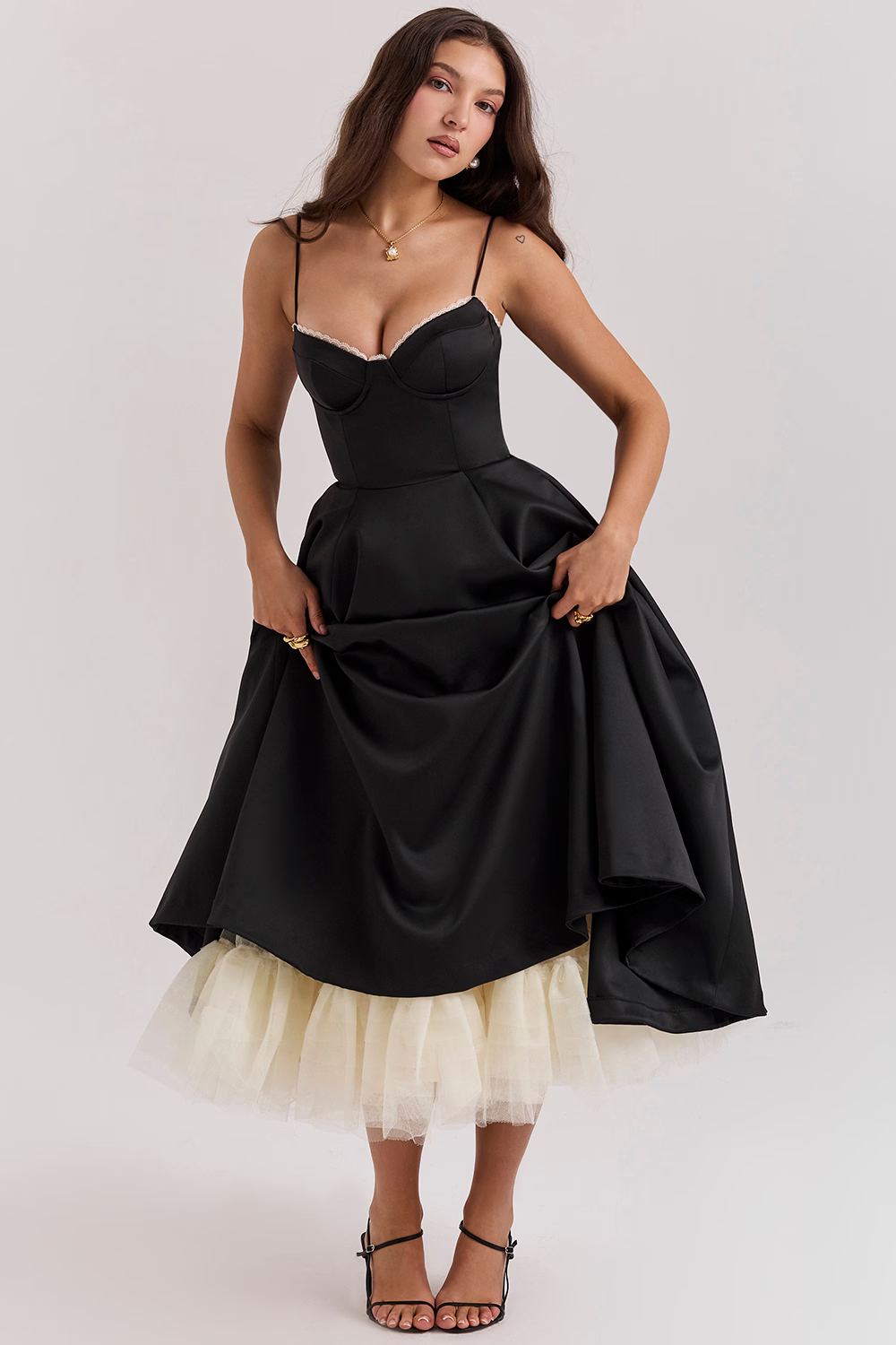 Women Prom Elegant Bustier Lace Trim Midi Dress with Pockets