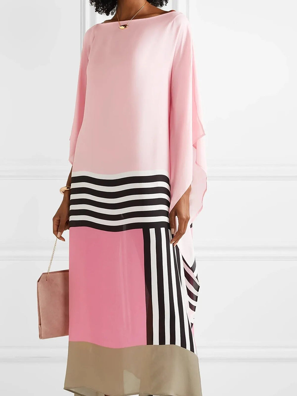 Women pink and black striped midi dress with boat neckline and batwing sleeves, close-up front