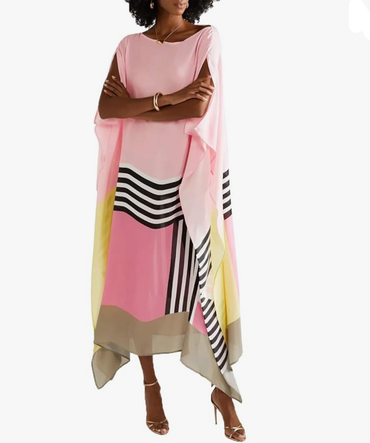 Women multi-color block striped midi dress with open batwing sleeves from front, arms crossed