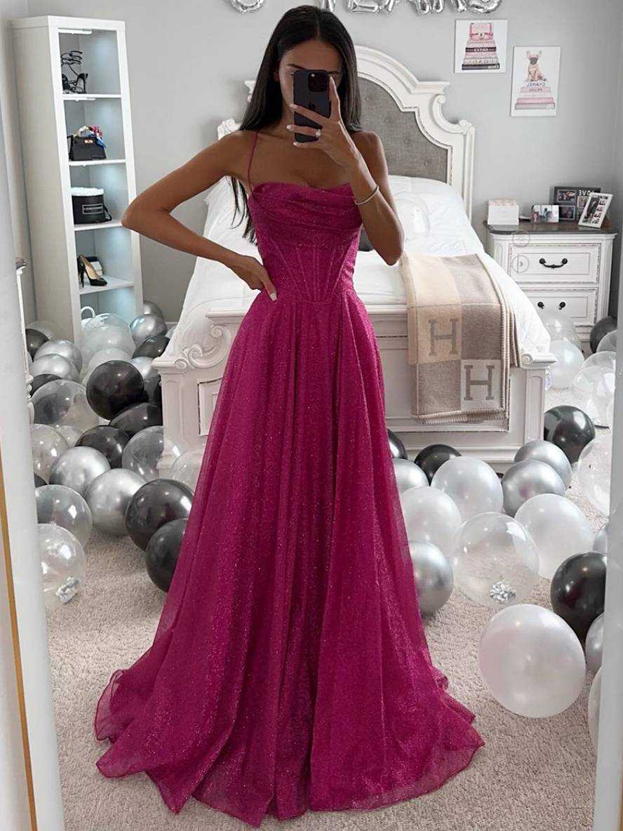 Women magenta sweetheart neck spaghetti strap maxi dress with corset-style bodice, full view.