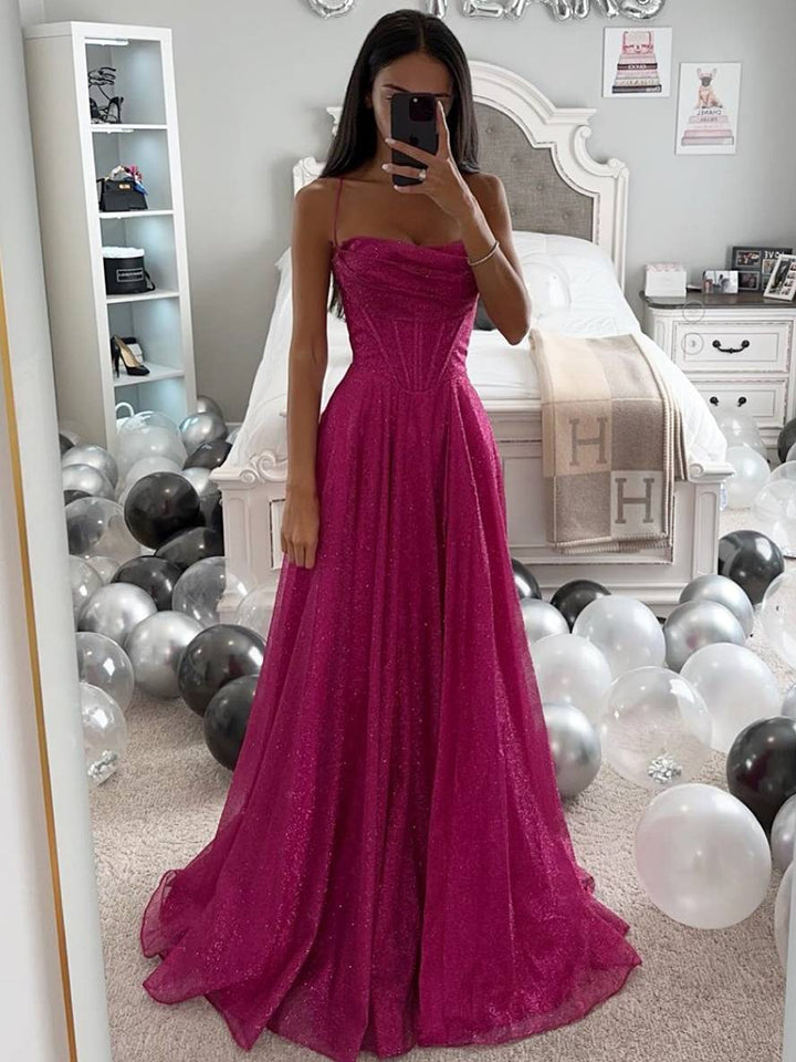 Women magenta sweetheart neck spaghetti strap maxi dress with full flared skirt, front view.