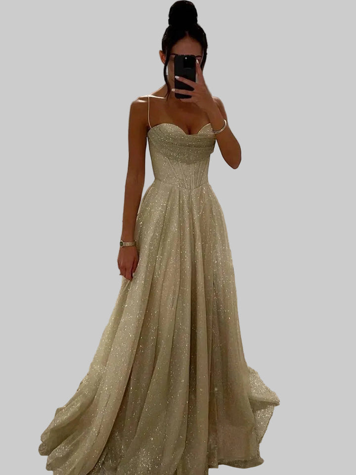 Women champagne sweetheart neck spaghetti strap maxi dress with fitted bodice, front view.