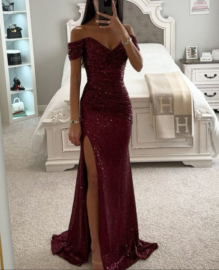 Women burgundy sequin maxi dress with off-shoulder detail and thigh-high slit, front view