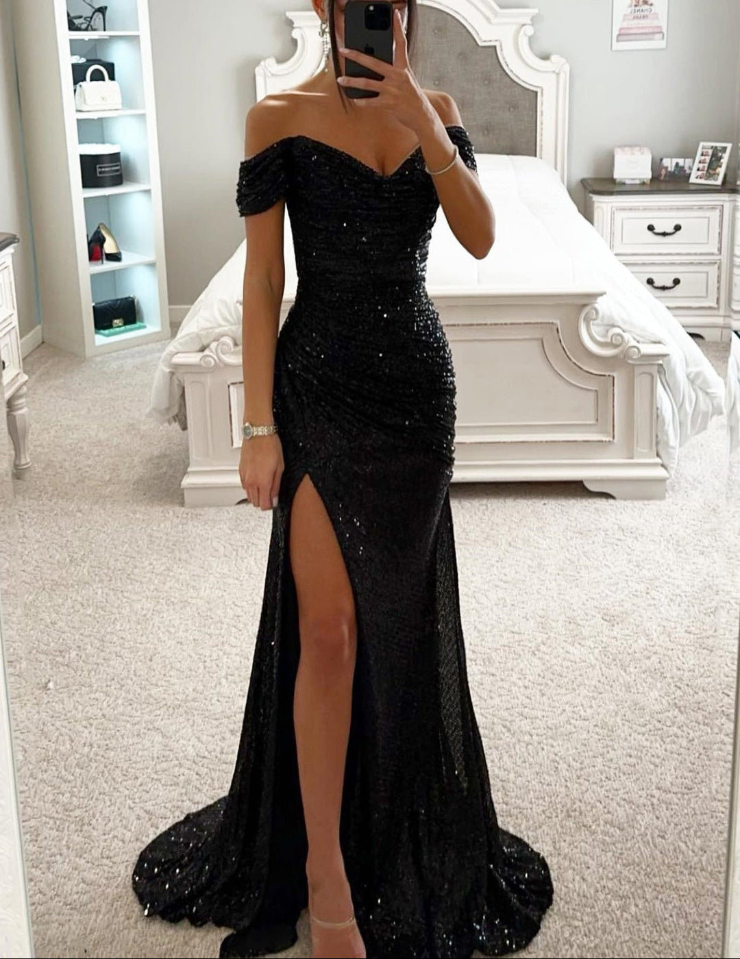 Women black sequin maxi dress with off-shoulder neckline and ruched silhouette, full image